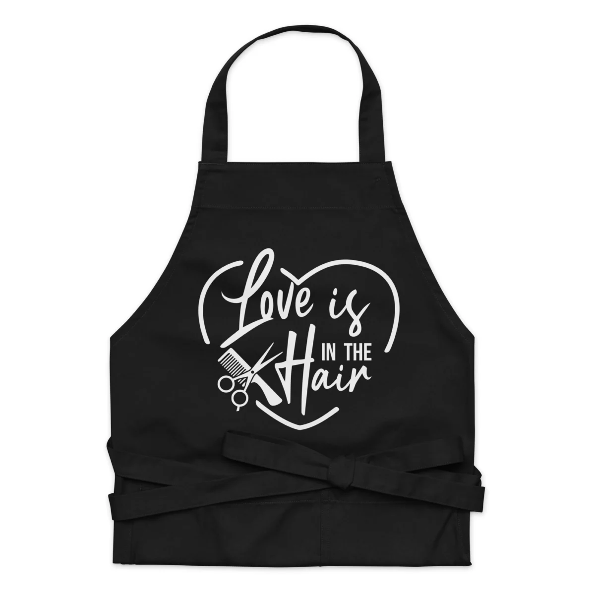 organic-cotton-apron-black-front-66068a4d6abc8.jpg Love is in the Hair Funny Hairstylist Apron - Funny Black Apron for Women And Men - For Hairdressers, Salons, Cosmetology, Perfect Gift for Birthday, Christmas, Valentine's Day