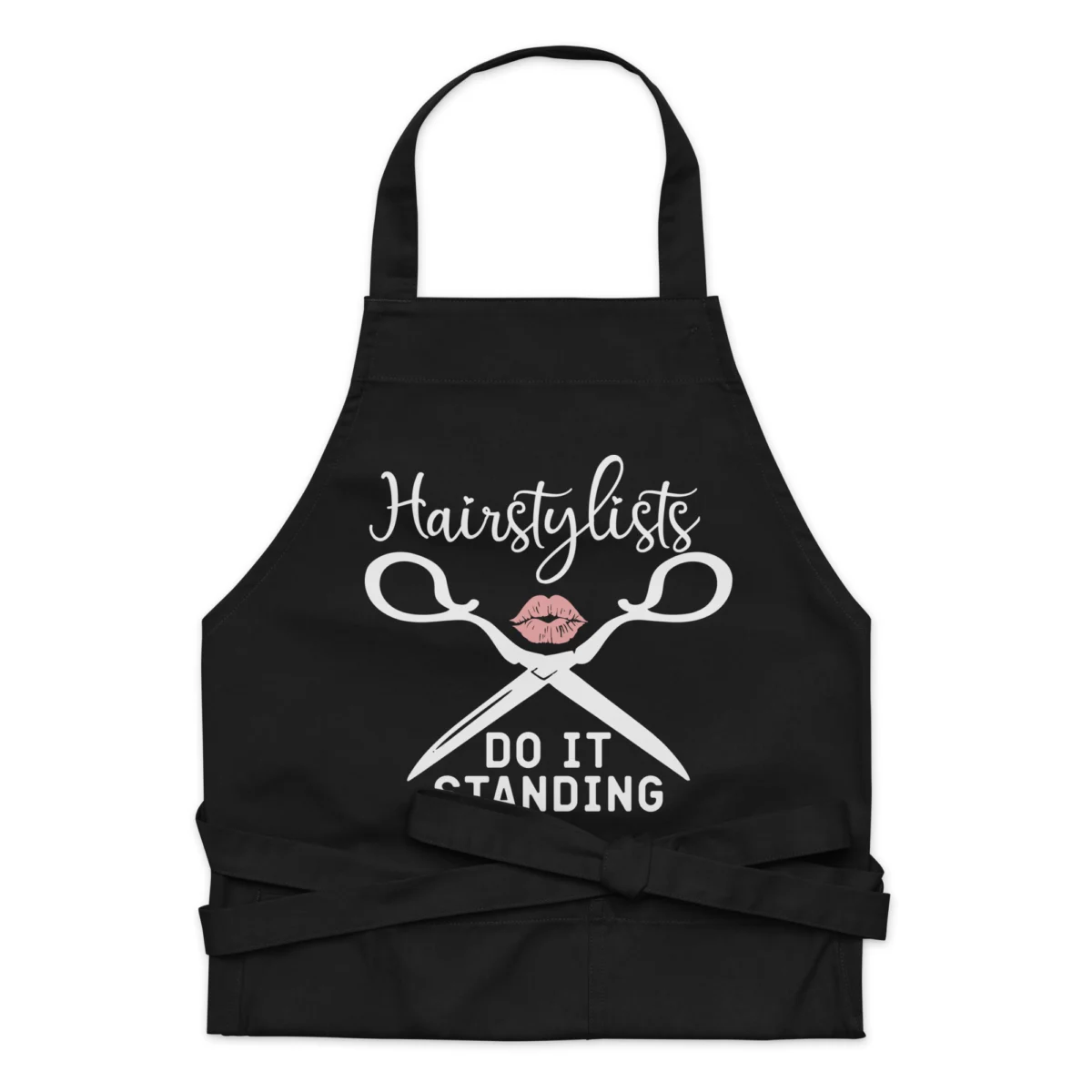 organic-cotton-apron-black-front-66068cc003ac8.jpg Hairstylists Do It Standing Funny Hair Stylist Apron - Hairstylist Aprons for Women Men - Hairdresser Apron for Salon