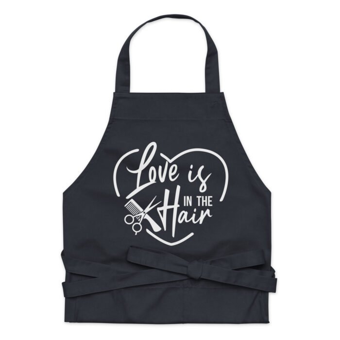Love is in the Hair Funny Hairstylist Apron - Funny Black Apron for Women And Men - For Hairdressers, Salons, Cosmetology, Perfect Gift for Birthday, Christmas, Valentine's Day