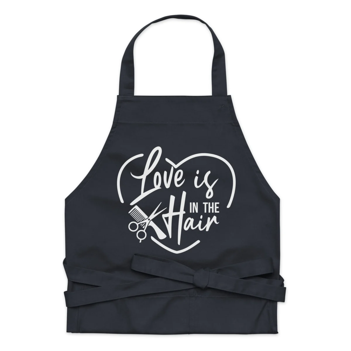 organic-cotton-apron-navy-front-66068a4d6b78c.jpg Love is in the Hair Funny Hairstylist Apron - Funny Black Apron for Women And Men - For Hairdressers, Salons, Cosmetology, Perfect Gift for Birthday, Christmas, Valentine's Day