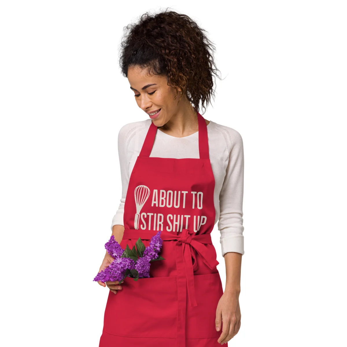 organic-cotton-apron-red-front-2-6605e520516b1.jpg About To Stir Shit Up Funny Baking Aprons - For Men And Women Chef Kitchen Routine