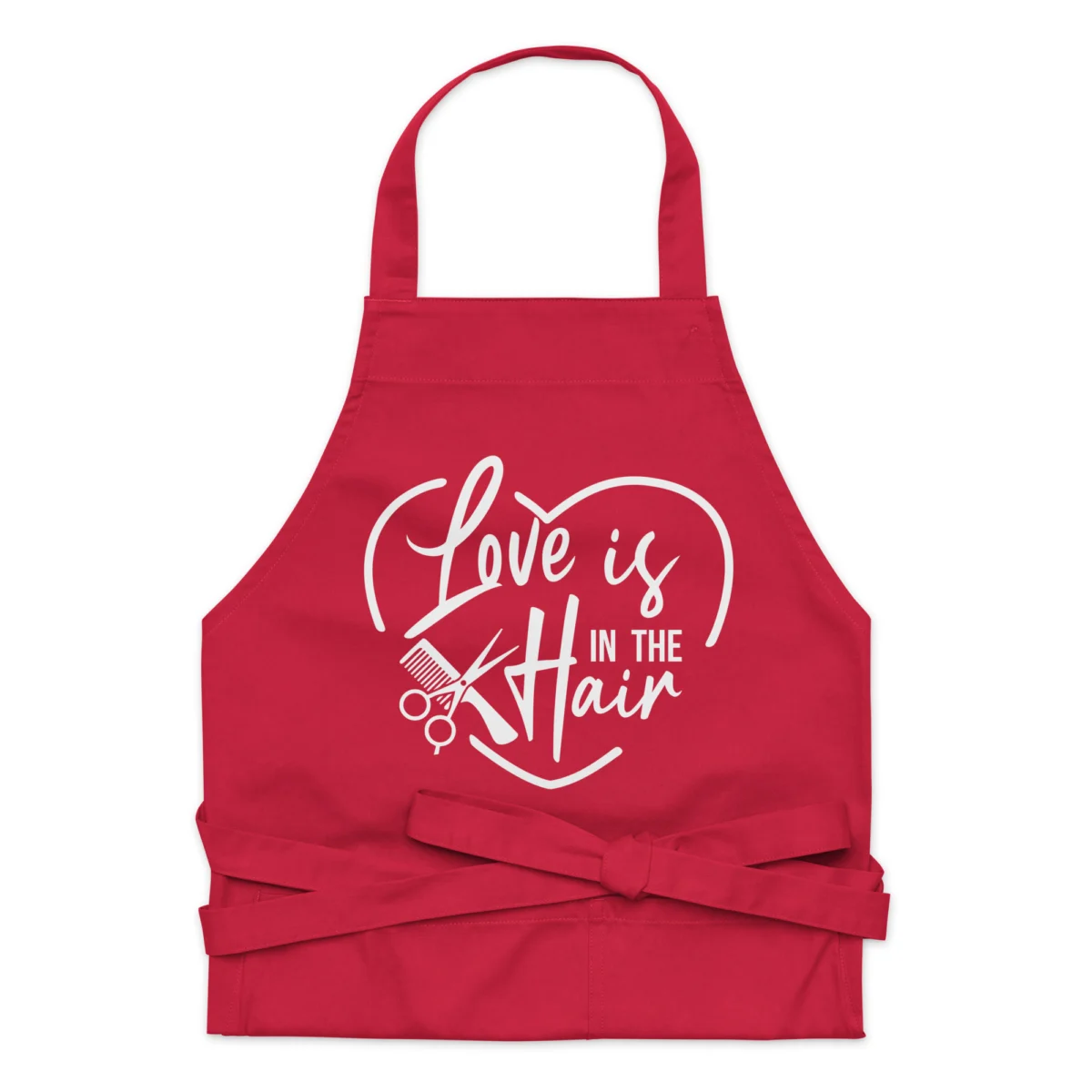 organic-cotton-apron-red-front-66068a4d6b833.jpg Love is in the Hair Funny Hairstylist Apron - Funny Black Apron for Women And Men - For Hairdressers, Salons, Cosmetology, Perfect Gift for Birthday, Christmas, Valentine's Day