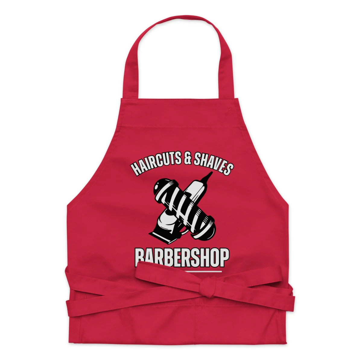 organic-cotton-apron-red-front-66068cf8d3edd.jpg Haircuts And Shaves Barbershop Apron - Salon Aprons for Barbershop - Hairstylist Apron for Women Men - Barber Gifts - Barbers Must Haves