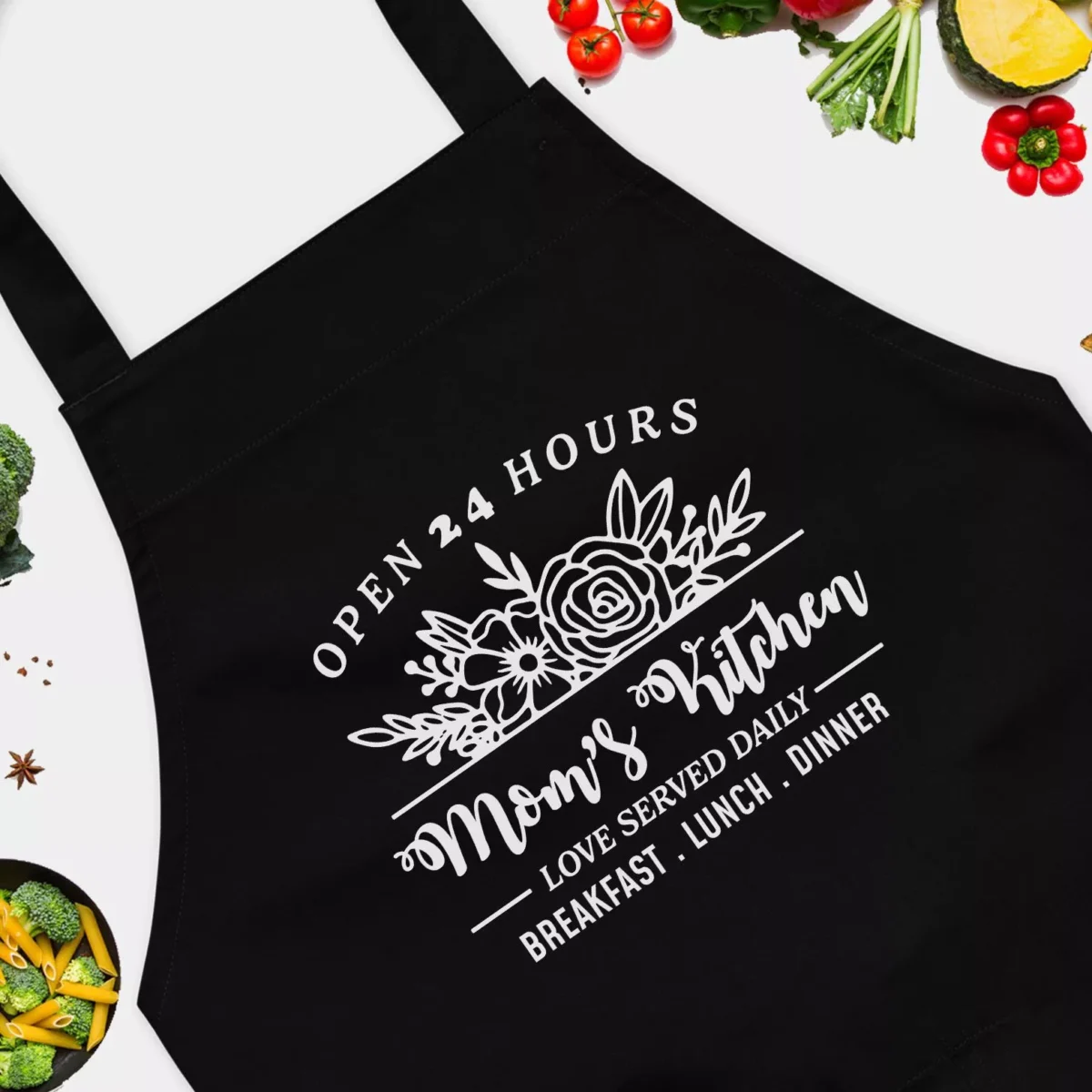Mom's Kitchen Open 24 Hours - Love Served Daily - Breakfast, Lunch, Dinner - Farmhouse Apron - Gift for Mom