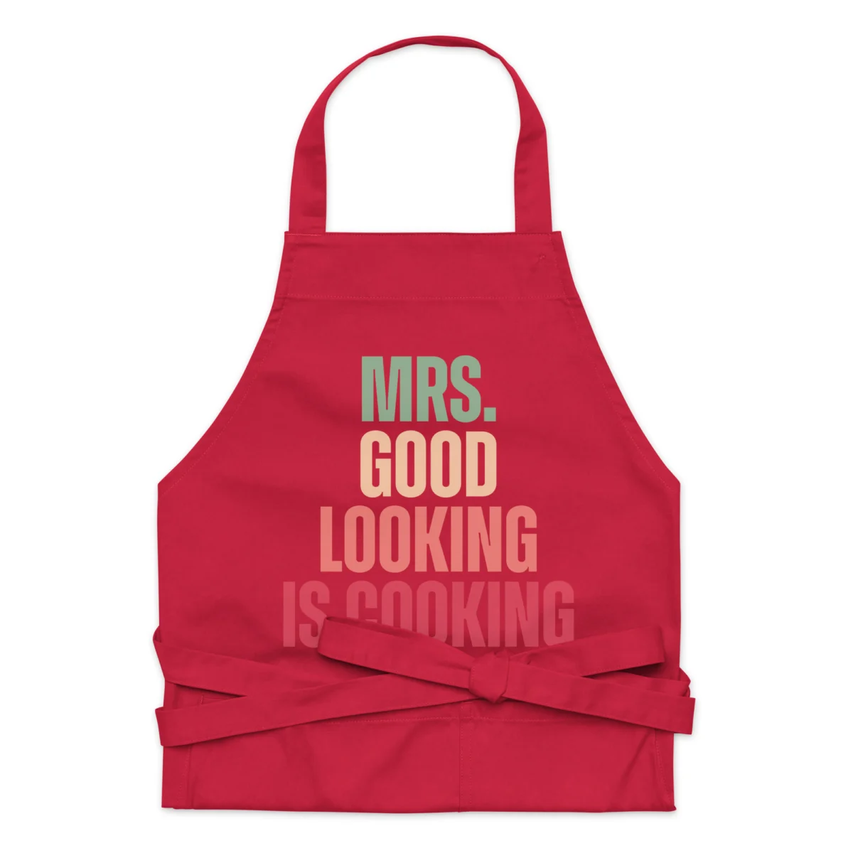 organic-cotton-apron-red-front-6610f6c7324ff.jpg Mrs. Good Lookin' is Cookin' Funny Chef Apron - Cooking & Kitchen Apron For Women - Present for Girlfriend, Mother's Day
