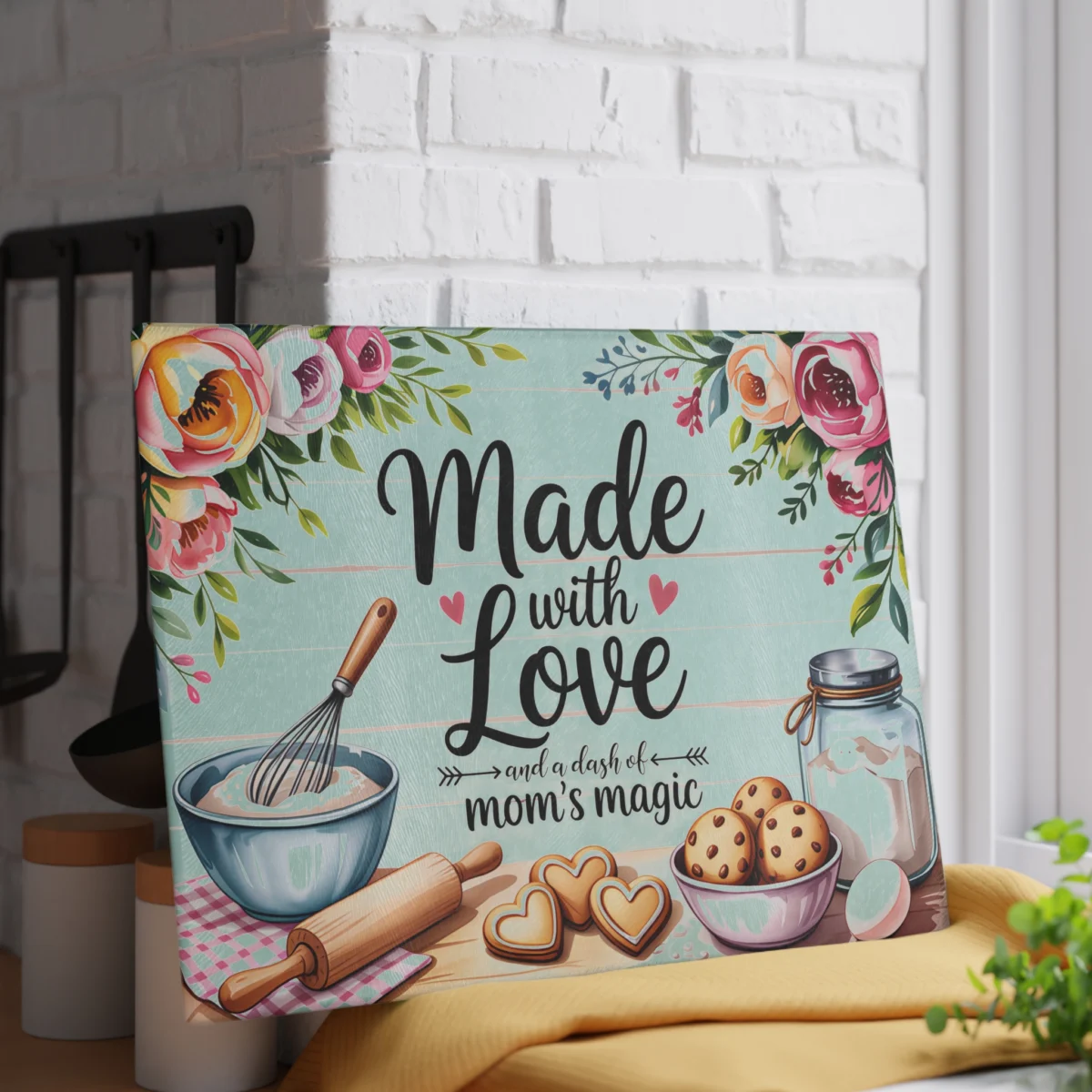 Made with Love Glass Cutting Board – Floral Mom’s Baking Kitchen Decor
