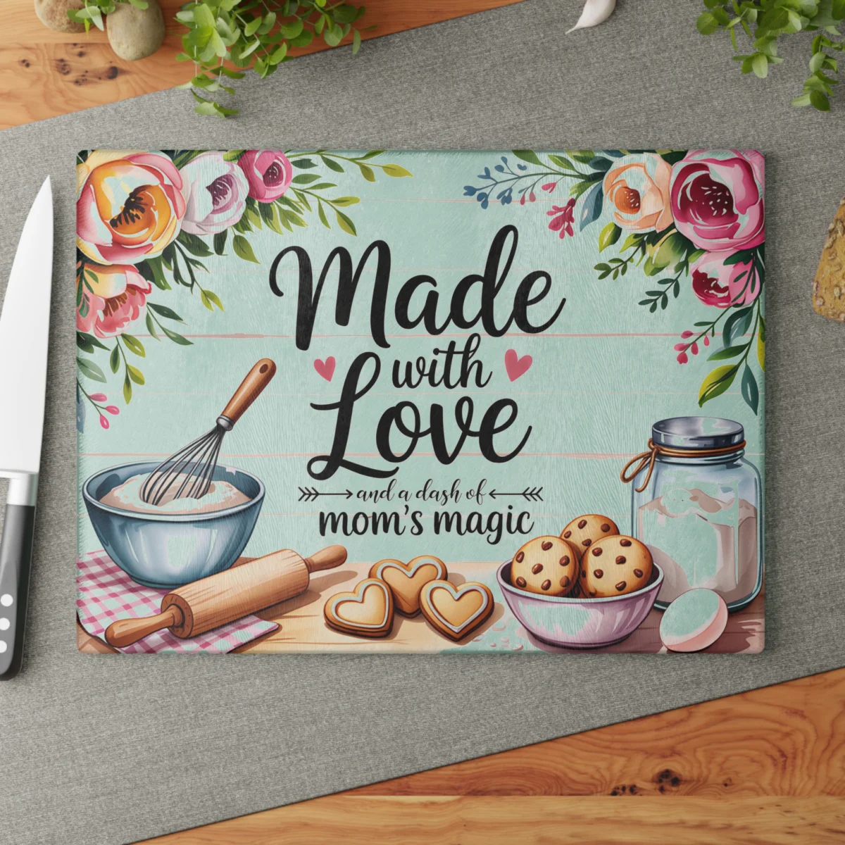 Made with Love Glass Cutting Board – Floral Mom’s Baking Kitchen Decor