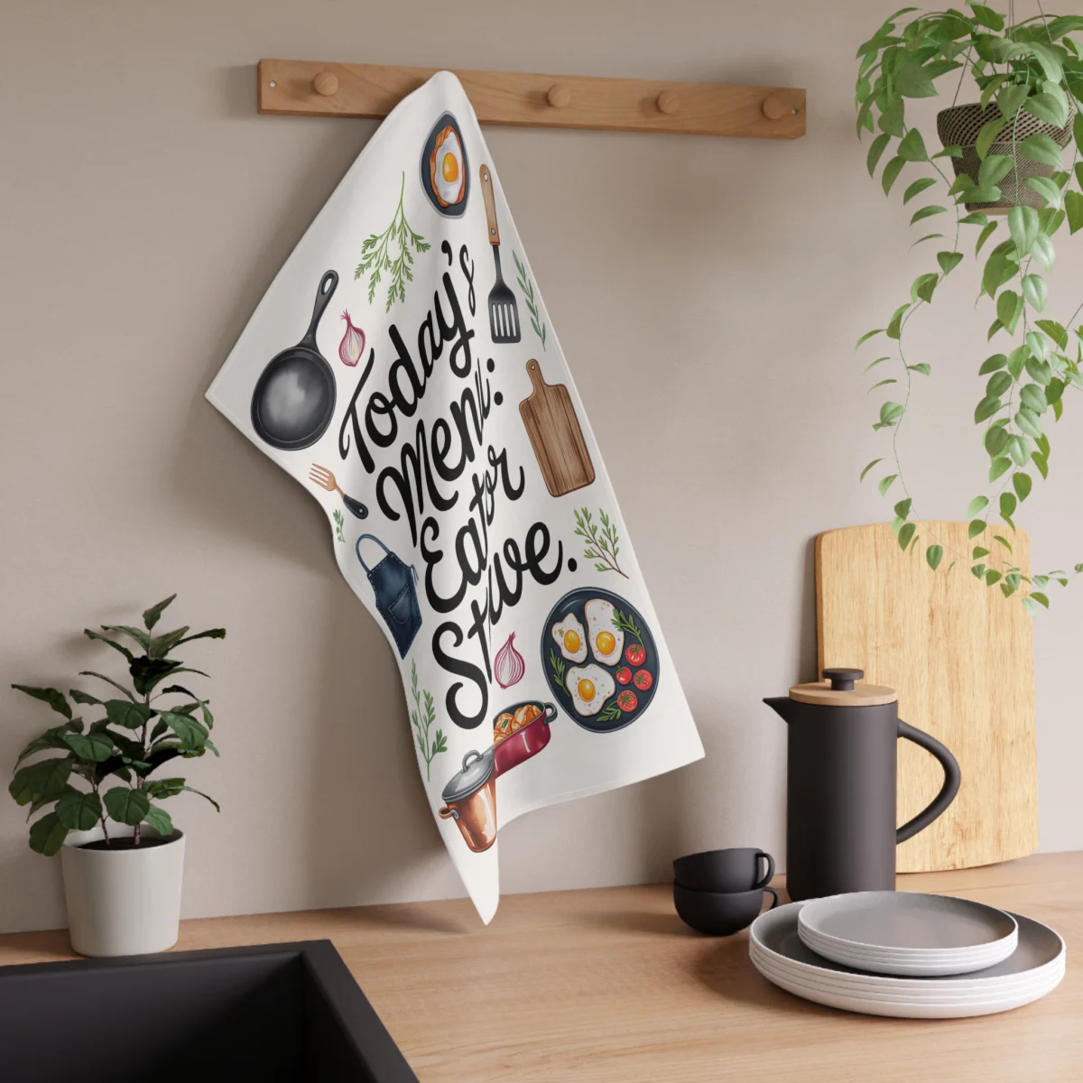 Kitchen Tea Towel - "Today's Menu: Eat or Starve" Decorative Cotton Dish Towel