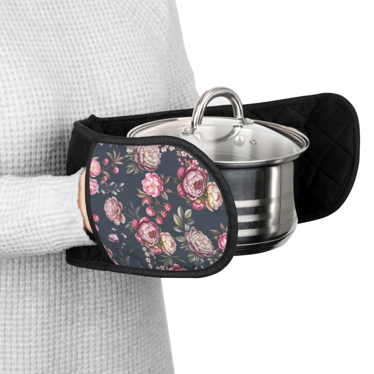 Floral Double Oven Mitt Sleeve — Quilted Heat-Resistant Pot Holder