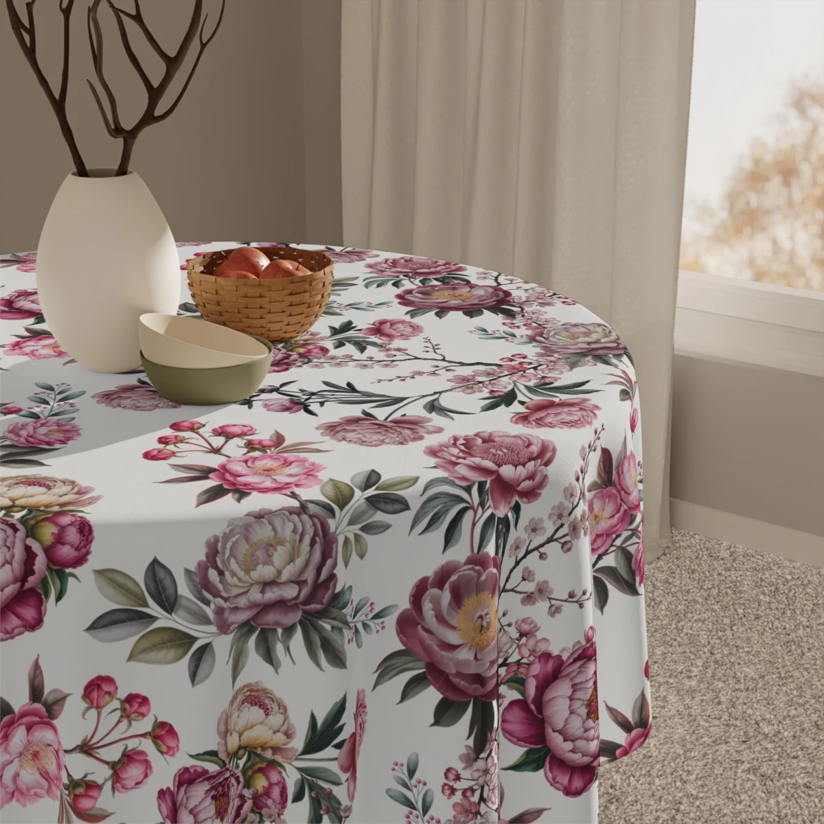 Vintage Pink Floral Tablecloth — Rose Garden Pattern for Spring, Bridal & Tea Parties