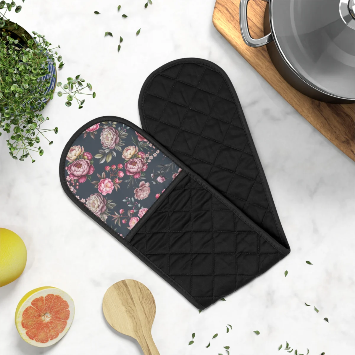 Floral Double Oven Mitt Sleeve — Quilted Heat-Resistant Pot Holder