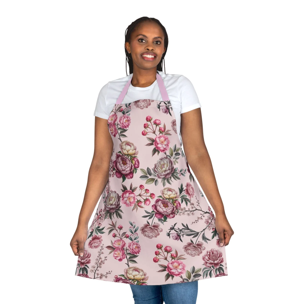 Floral Pink Rose Apron — Vintage Botanical Kitchen Apron with Pink Straps